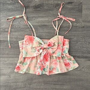 Pink Floral Bow Tie Crop Top adjustable straps XS